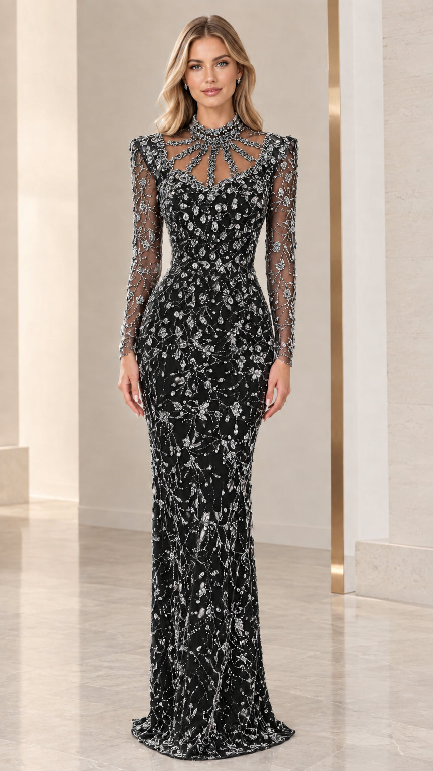 Front view of black beaded long sleeve evening gown with illusion neck