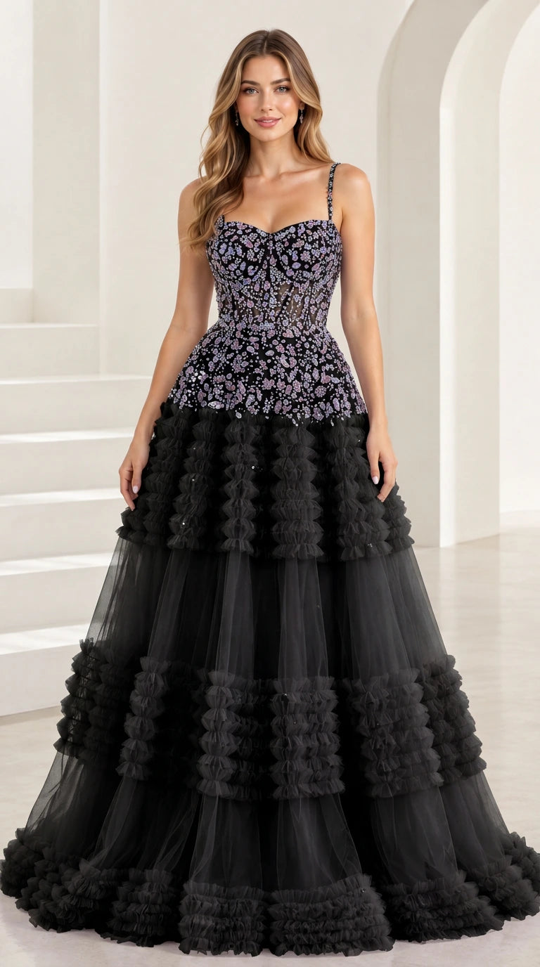 Front view of Black beaded corset tiered tulle formal gown
