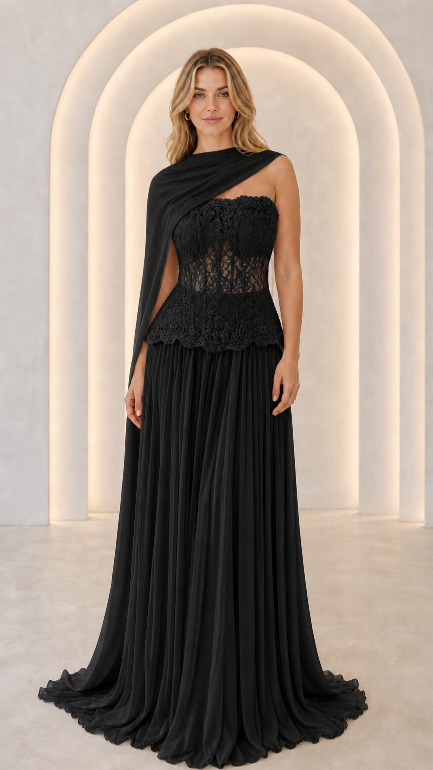 Black strapless lace corset pleated formal evening maxi gown with draped capelet