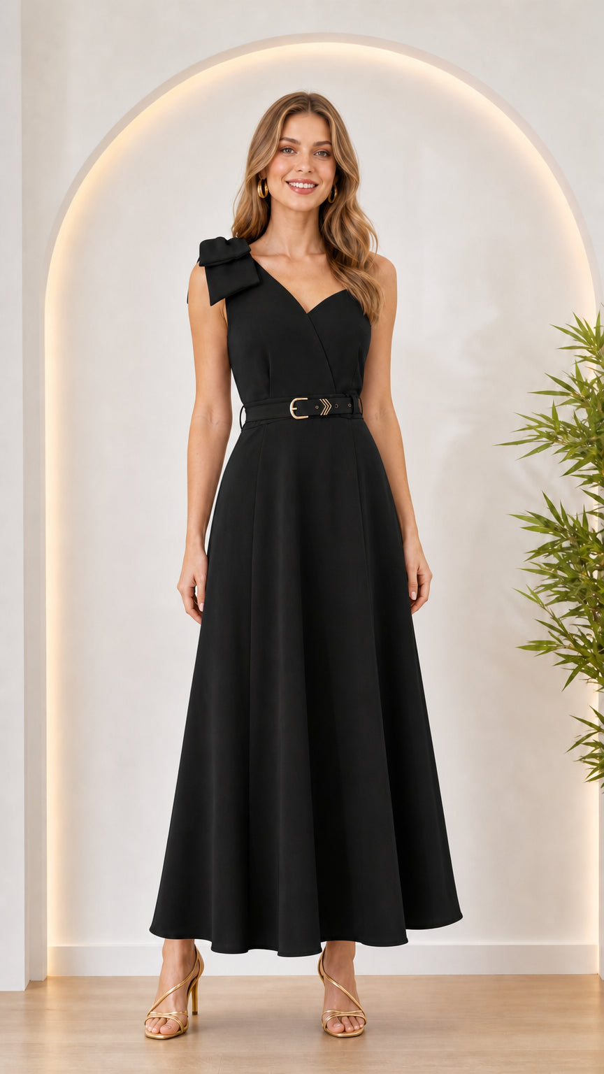 Woman wearing black bow shoulder maxi dress