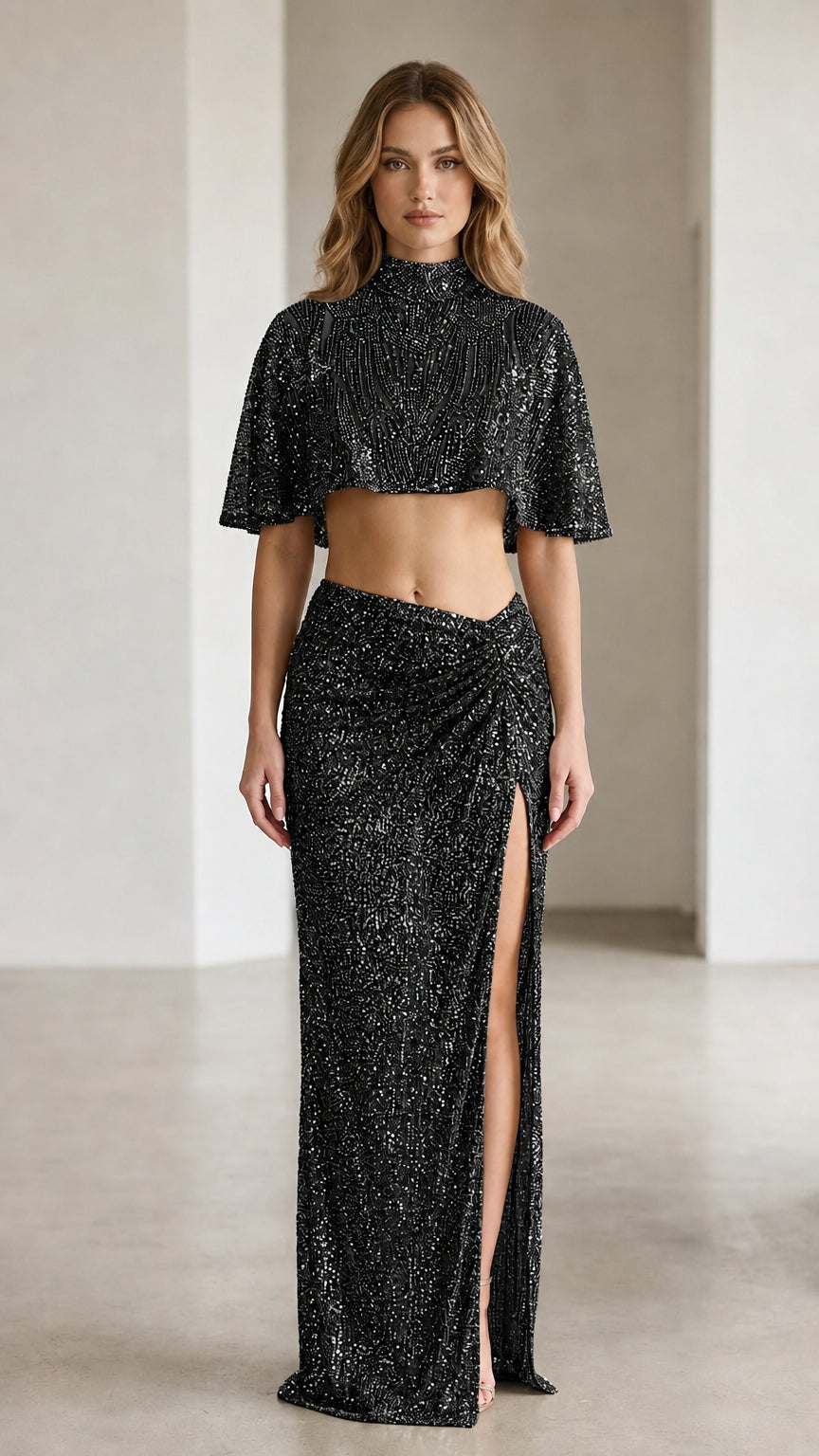 Black sequin crop top and ruched maxi skirt set