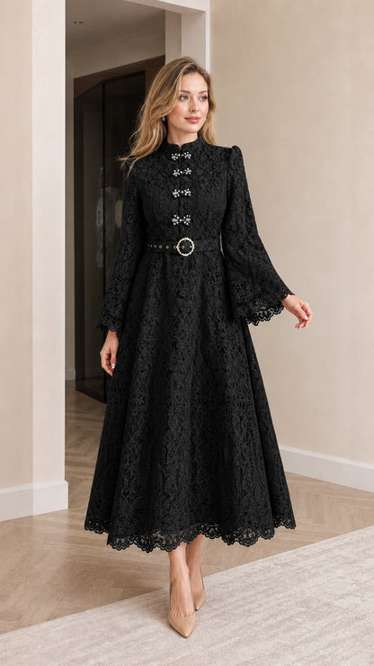 Front full view of black floral lace mandarin collar maxi dress with belt