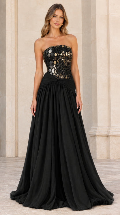 Front view of strapless embellished evening dress in Black