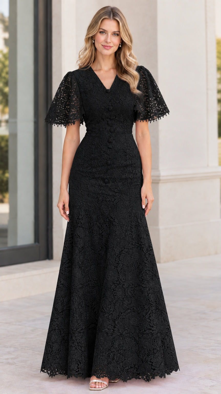 Black floral lace flutter sleeve maxi dress for formal occasions
