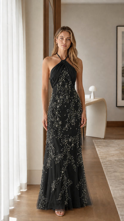 Black halter neck beaded floral maxi evening dress