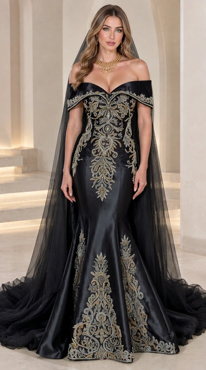 Black off-the-shoulder embroidered mermaid formal gown with sheer cape