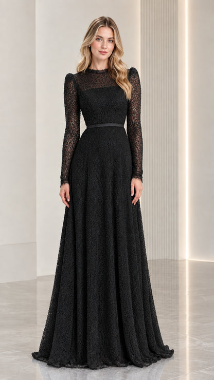 Full-length black illusion high neck long sleeve evening gown