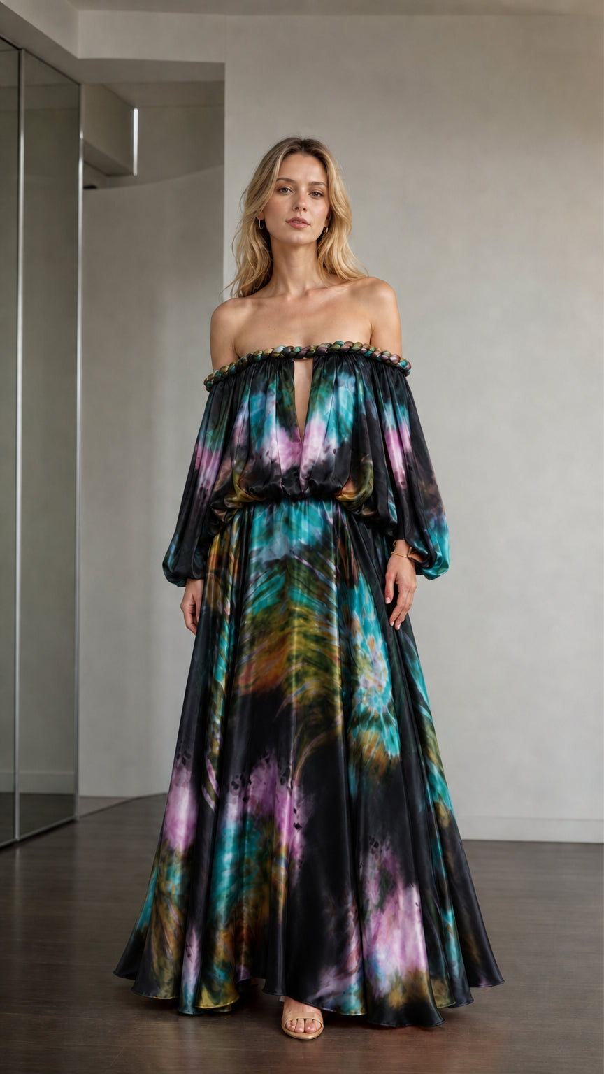 Model wearing black multi tie-dye off-the-shoulder maxi dress