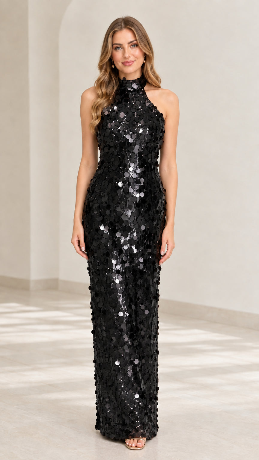 Black sleeveless sequin halter maxi evening dress