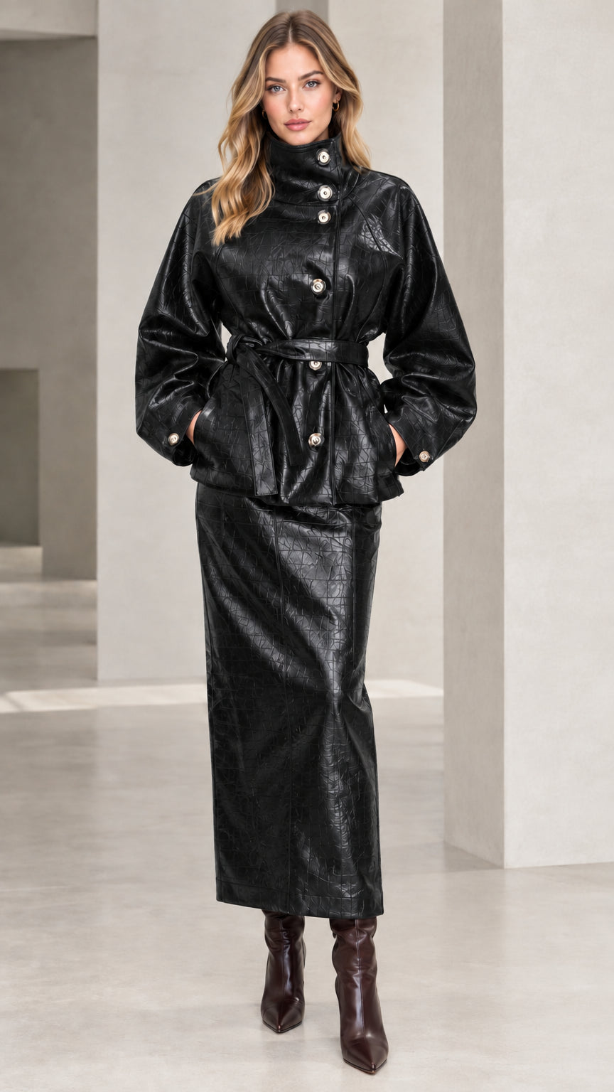 Woman wearing Black croc-embossed faux leather belted jacket and matching maxi skirt set