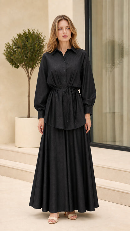 Full-length view of woman wearing Black button-down tunic and maxi skirt set