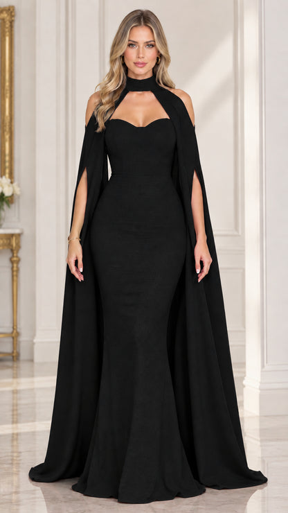 Front view of woman wearing black high neck cape sleeve formal evening gown