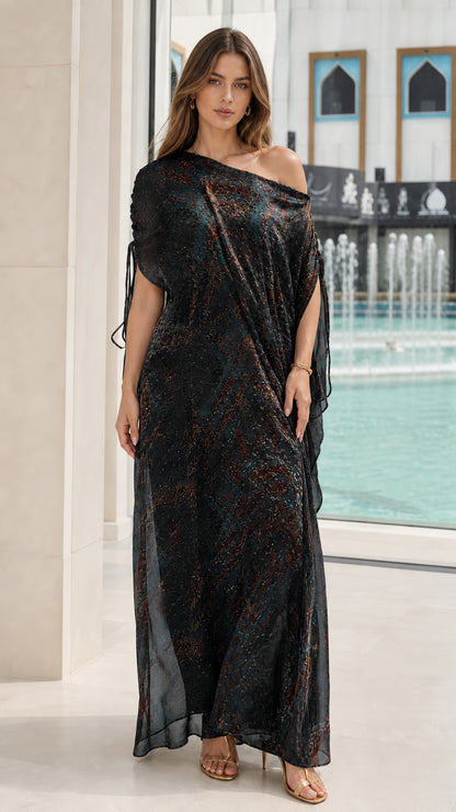 Front view of model wearing Black Multi printed kaftan maxi dress