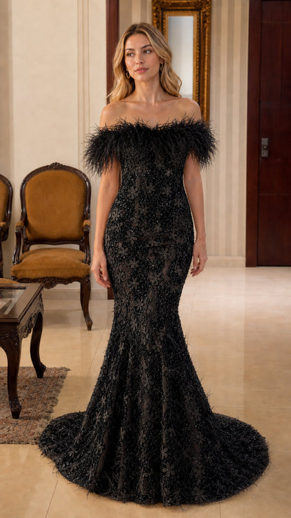 Black variant of off-shoulder feather trim mermaid gown