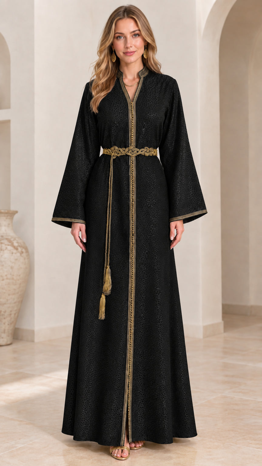 Front full view of woman wearing Black braided trim Moroccan kaftan maxi dress