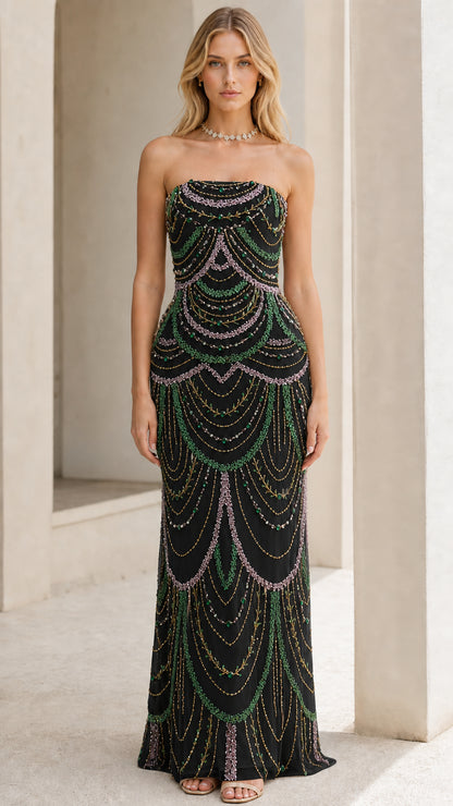 Front view of model wearing the black beaded evening gown variant