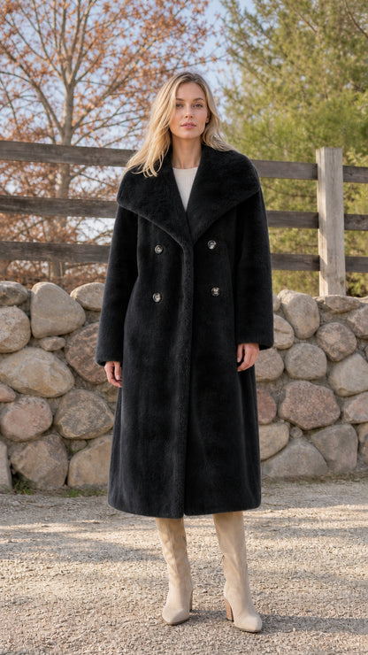 Woman wearing black faux fur long coat