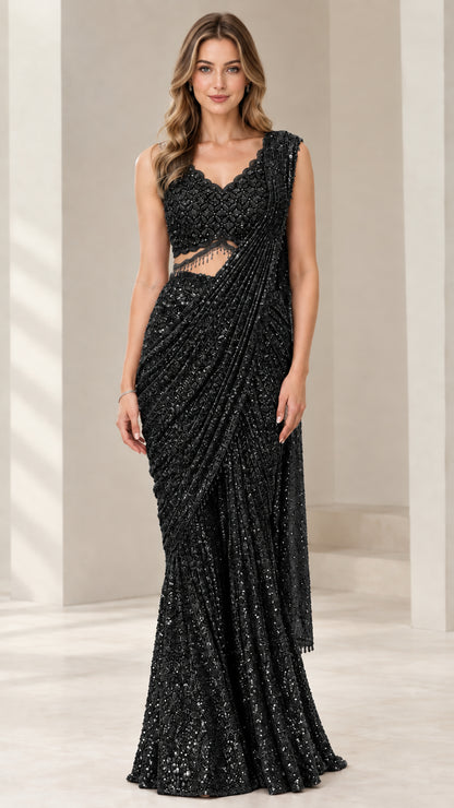 Black embellished pre-draped saree gown front view