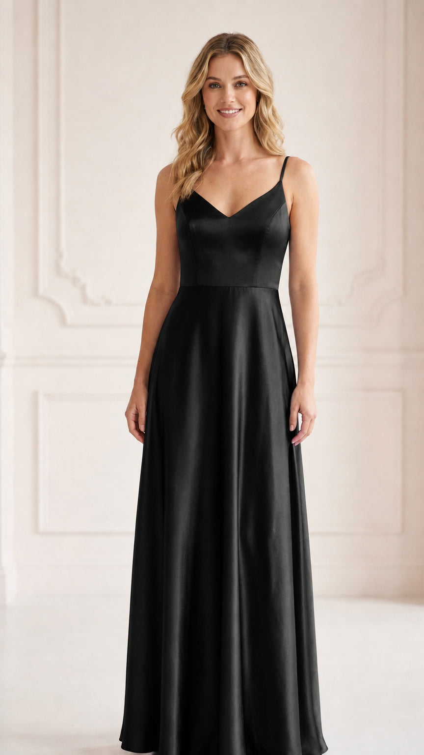 Front view of model wearing black satin A-line formal gown