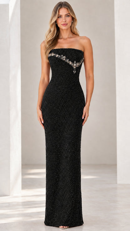 Front view of black strapless beaded column evening gown