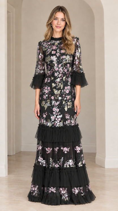 Black floral sequin embroidered tiered maxi evening gown