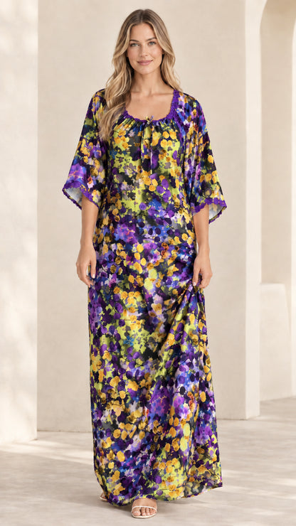 Front view of navy multicolor floral kaftan maxi dress with lace trim
