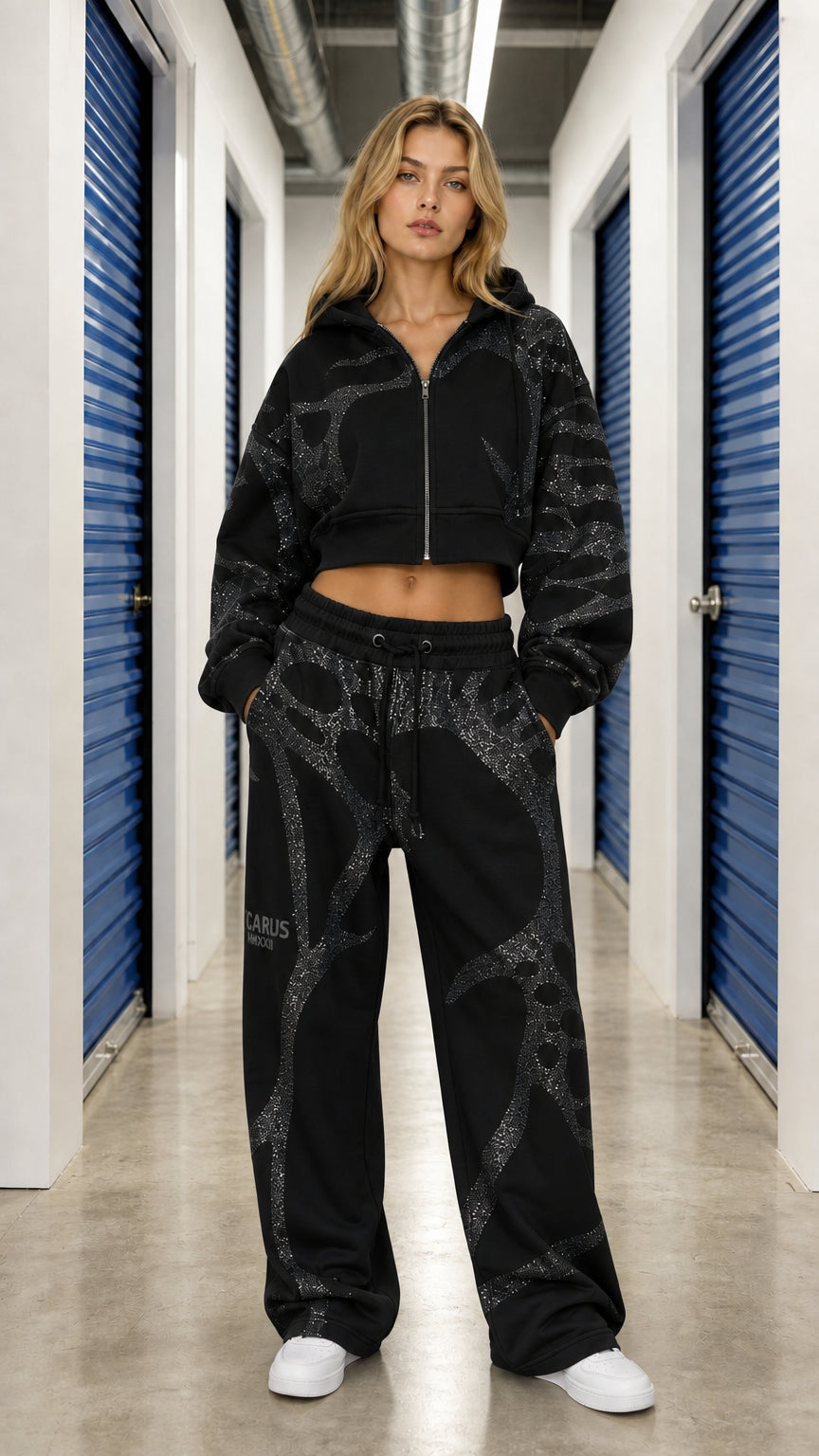 Front view of model wearing Black rhinestone graphic cropped hoodie and sweatpants set