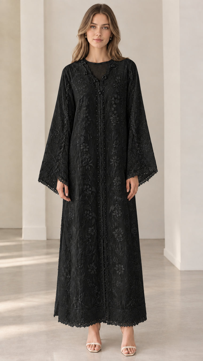 Front view of black floral embroidered lace maxi abaya dress