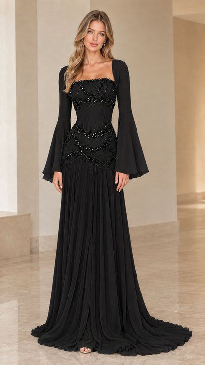 Black pearl-beaded corset evening dress with long bell sleeves