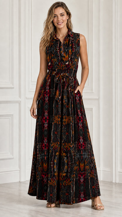 Front view of model wearing black multi geometric print sleeveless maxi dress