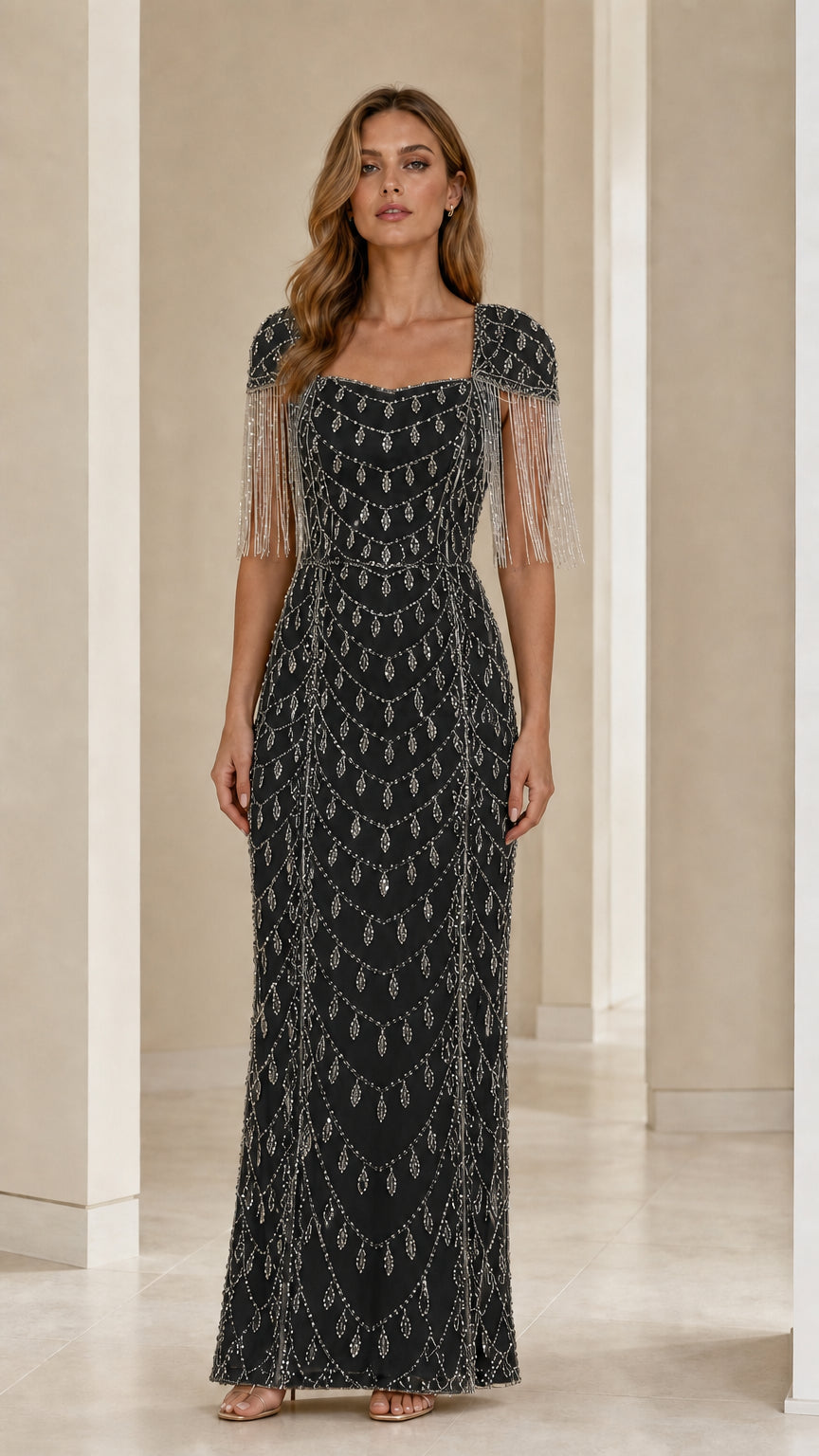 Black beaded square neck maxi dress with sparkling fringe sleeves