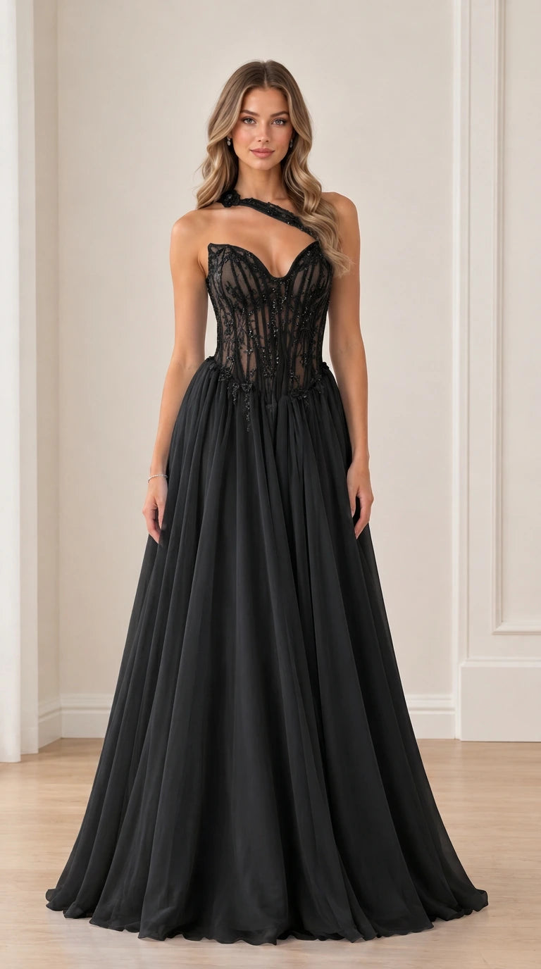 Model wearing Black asymmetrical one-shoulder corset formal evening gown