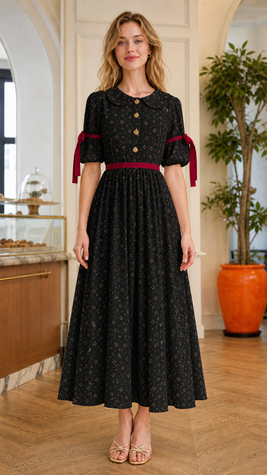 Black floral Peter Pan collar midi dress with burgundy ribbon accents