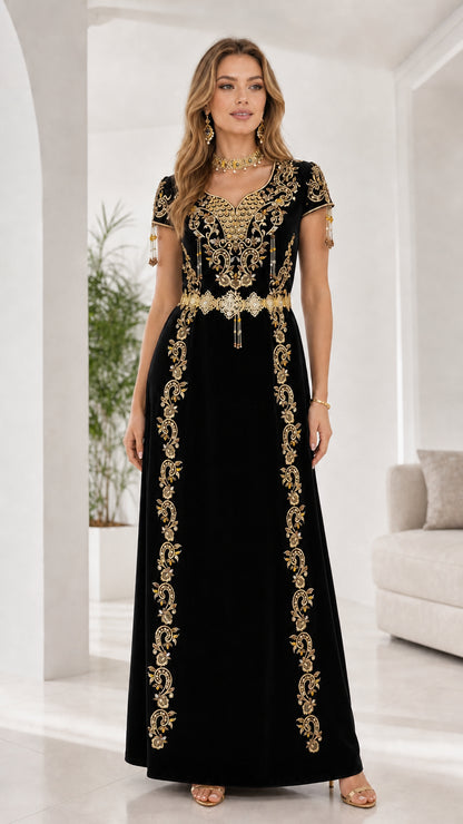 Full front view of black gold embroidered velvet evening maxi dress