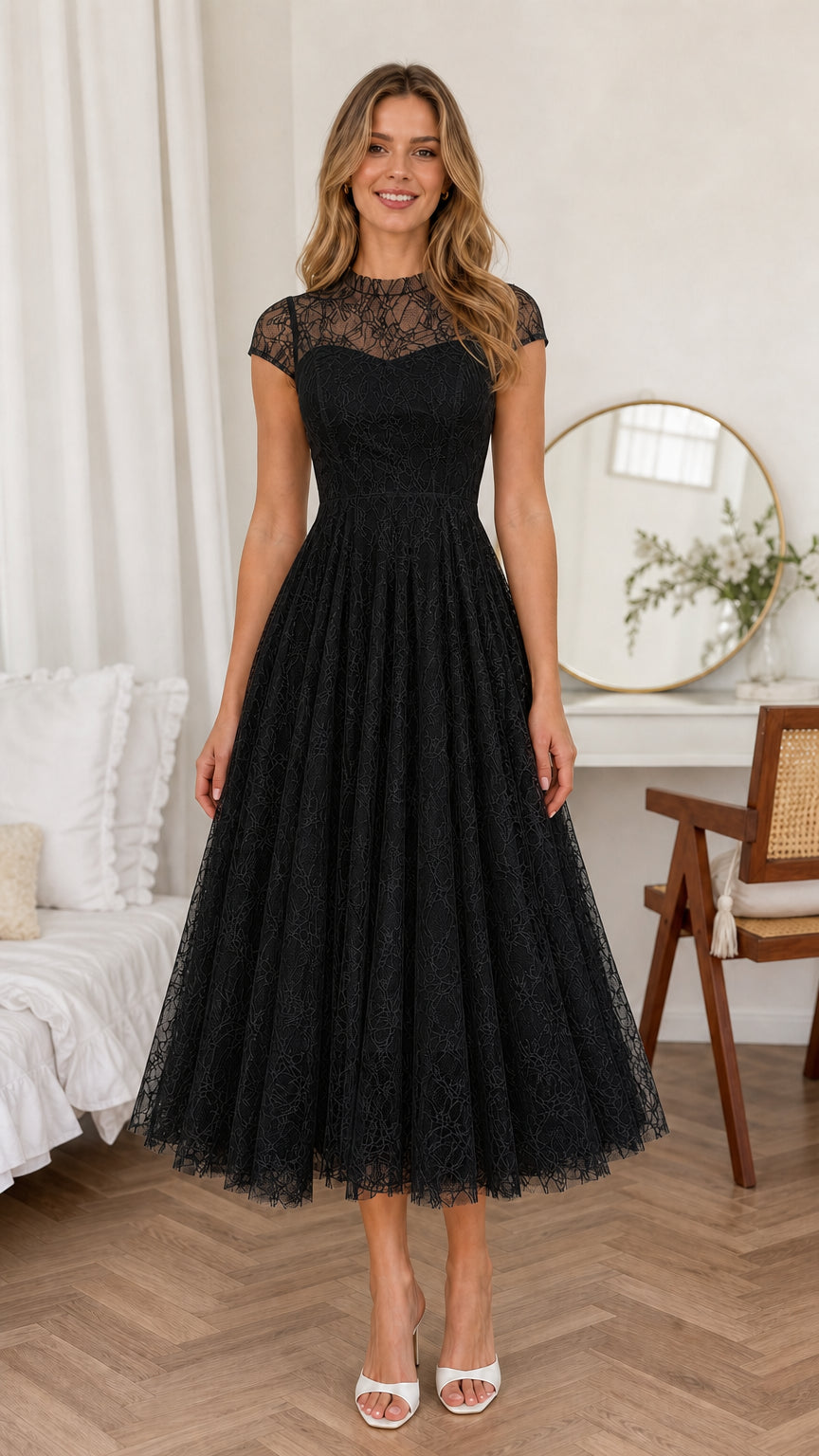 Front view of woman wearing Black floral lace cap sleeve midi dress