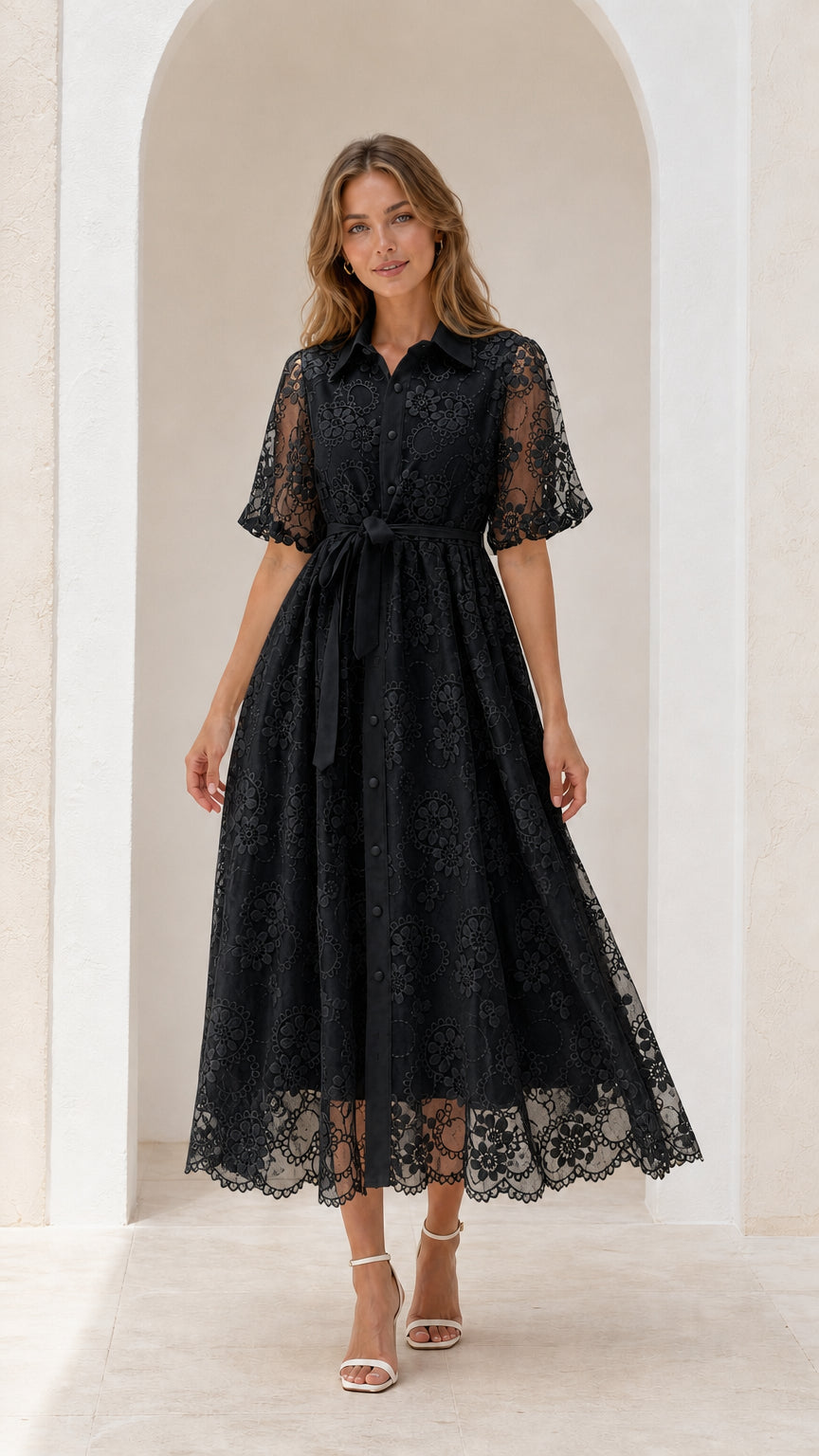 Front view of black floral lace collared A-line midi dress