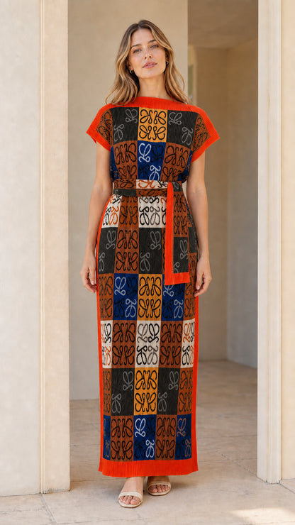 Model wearing geometric jacquard knit column maxi dress in Black Multi