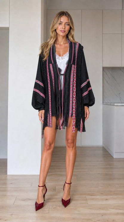 Front view of black embroidered open-front boho kimono cardigan
