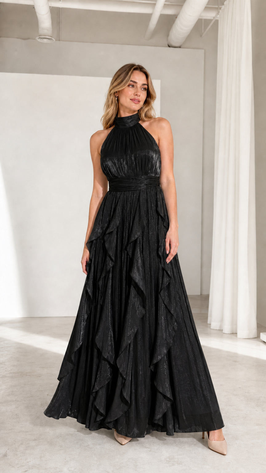 Front view of model wearing black high-neck pleated ruffle maxi dress