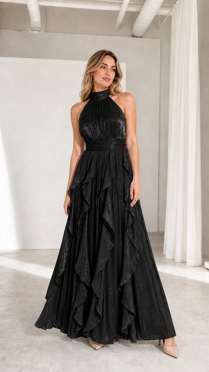 Front view of model wearing black high-neck pleated ruffle maxi dress
