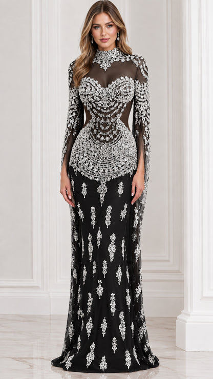Black crystal-embellished cape sleeve formal evening dress