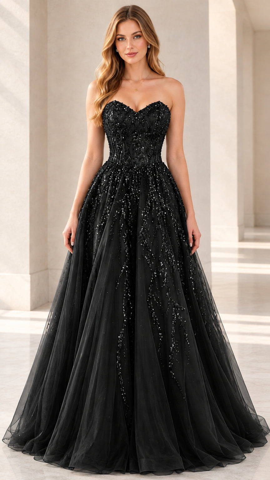 Black strapless sweetheart sequin tulle evening gown