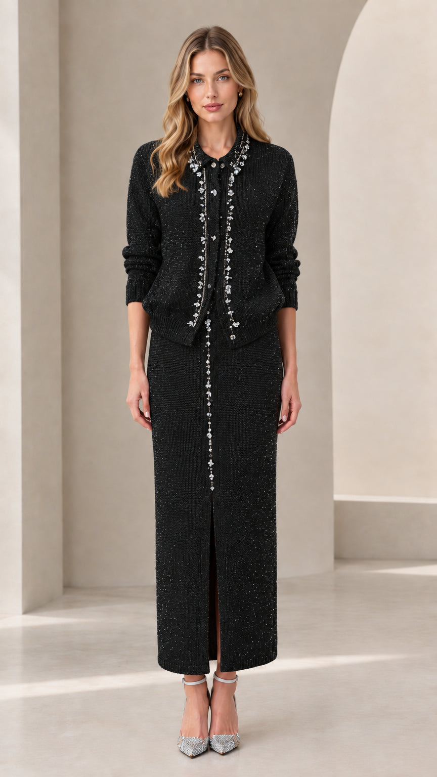 Black rhinestone embellished knit cardigan and maxi skirt set