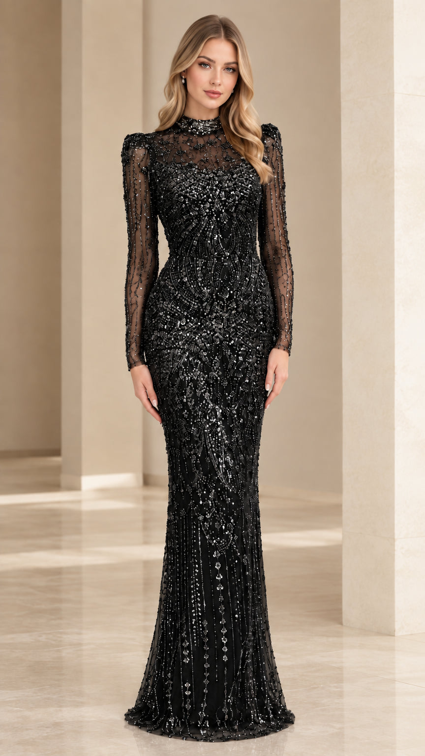 Full-length front view of woman wearing black long-sleeve sequin evening gown