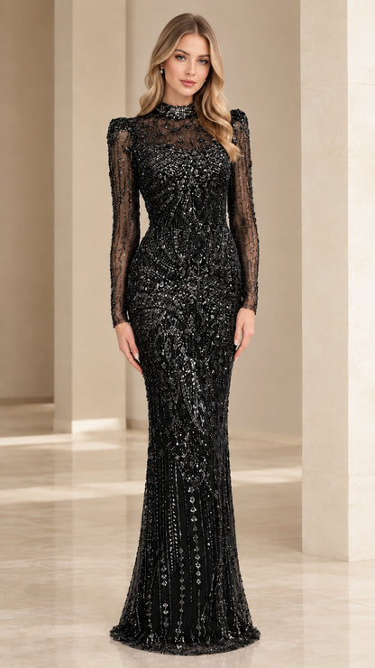 Full-length front view of woman wearing black long-sleeve sequin evening gown