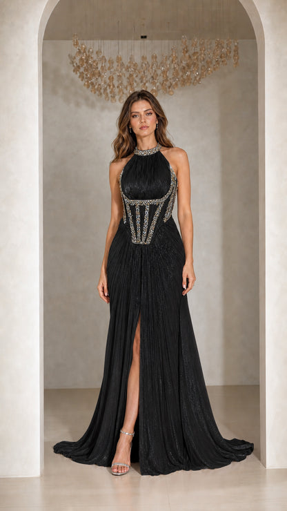 Front view of woman wearing Black pleated halter corset evening gown