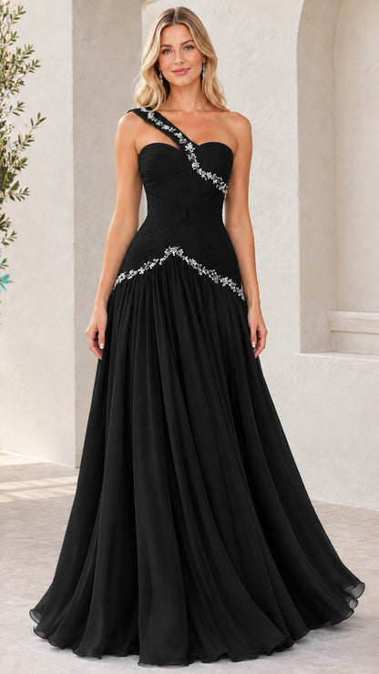 Black one-shoulder rhinestone embellished chiffon evening gown