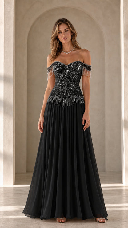 Model wearing black variant of the off-the-shoulder beaded evening gown