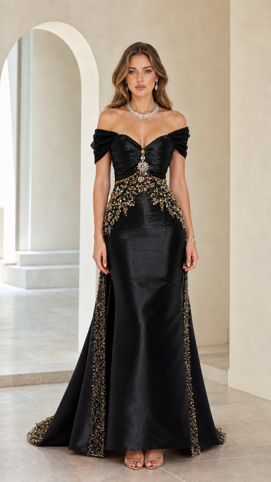 Front view of black off-shoulder beaded satin evening gown