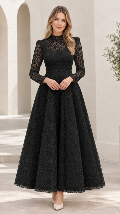 Front view of woman wearing elegant black floral lace long sleeve maxi dress
